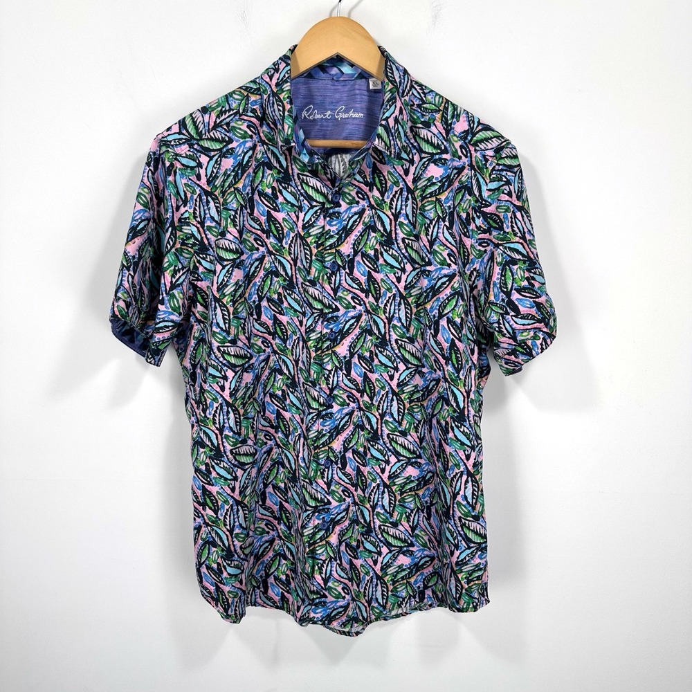 Robert Graham Button Up Shirt Mens XL Multi Color Leaf Print Classic Fit Summer